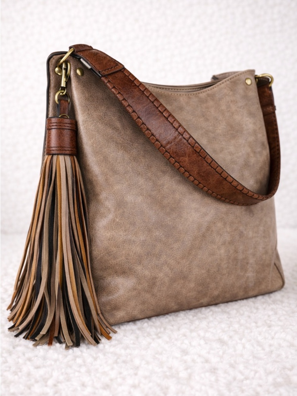 Jen & Co Boho Tassel Hobo Bag Taupe Brown Vegan Leather Shoulder Purse